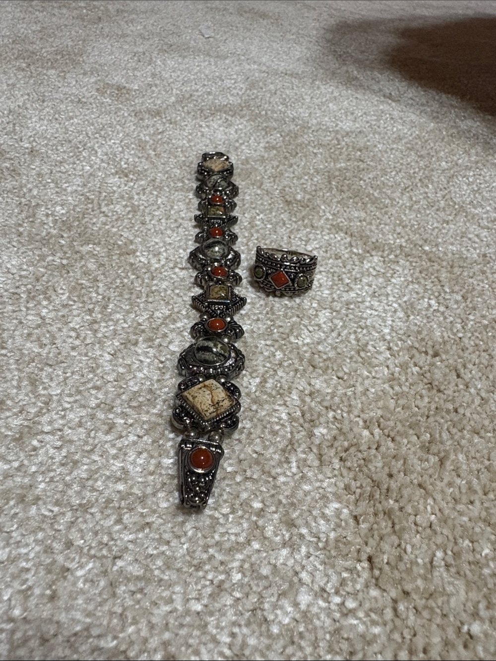 Premier Designs Silver-Tone Bracelet and Ring Set with Orange and Cream Stones
